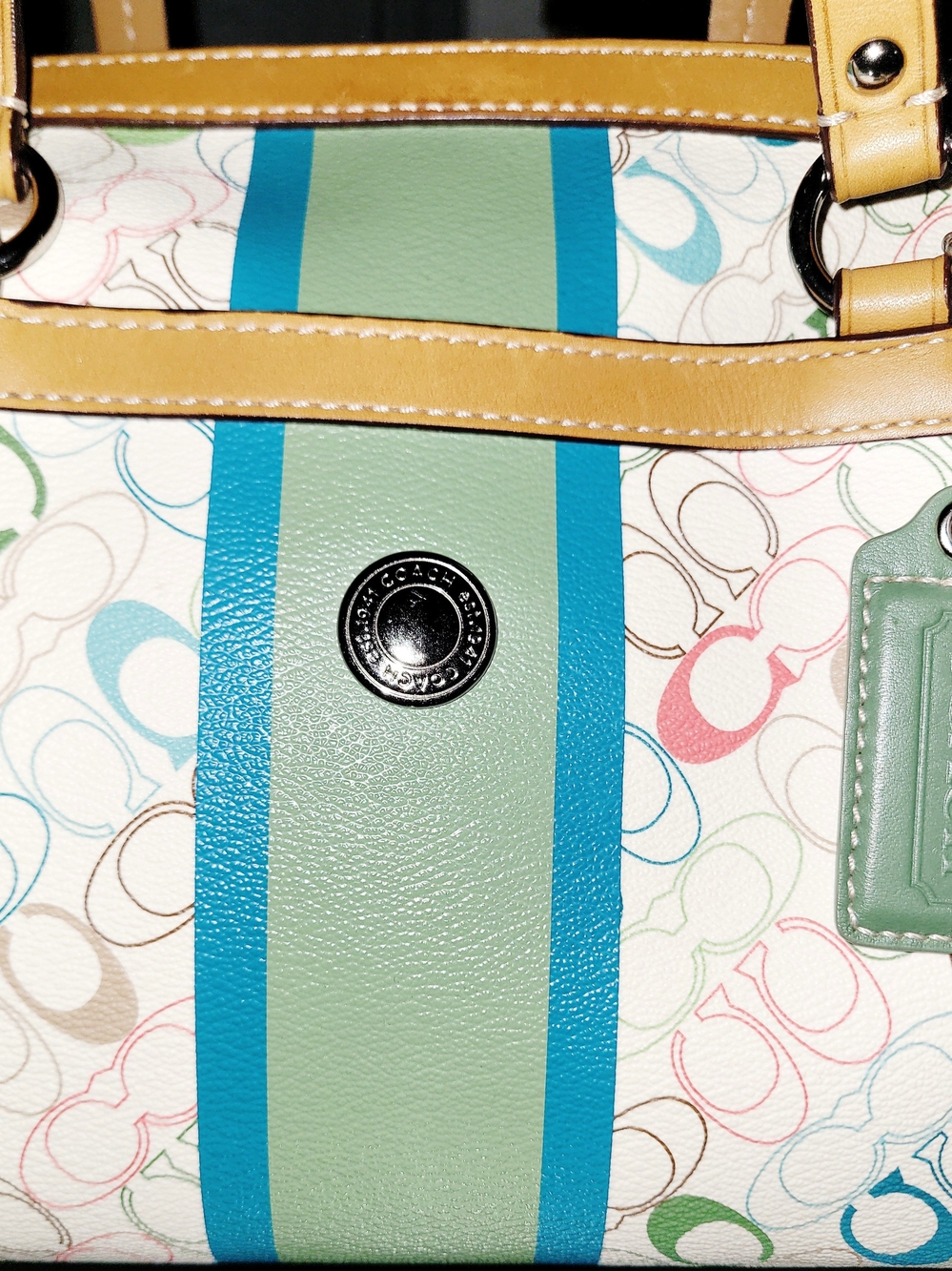 Coach Multicolor Signature Tote with Green & Blue Stripe